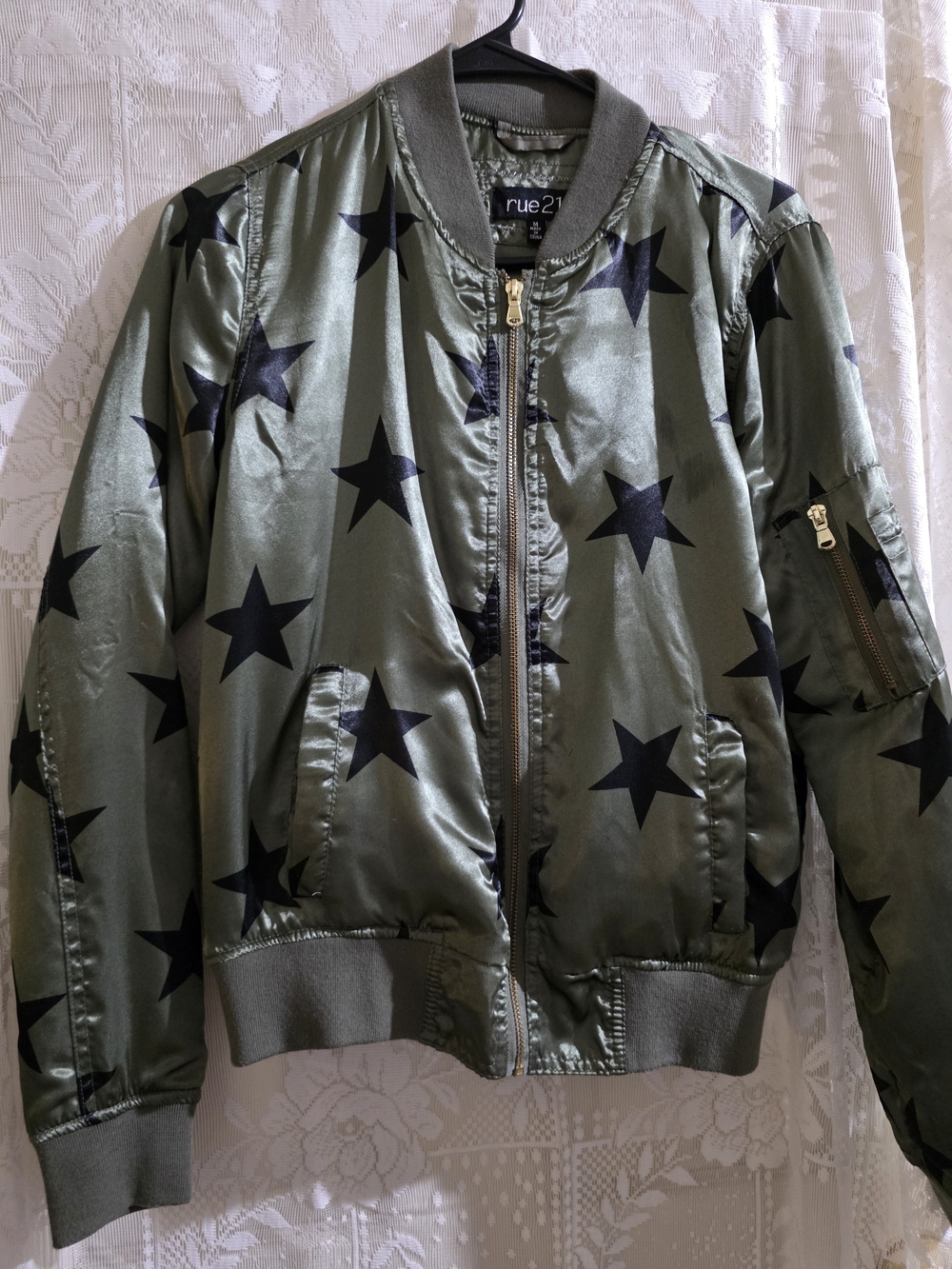 Rue21 Olive Satin Bomber Jacket with Black Star Print